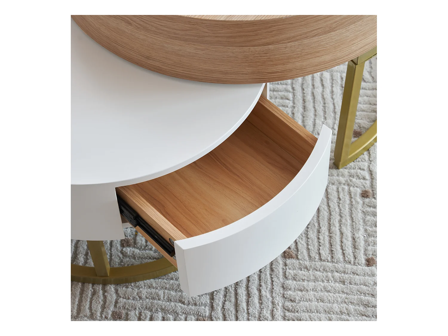 Conjunto de 2 mesas de centro encaixáveis, mesa grande com tampo elevável, mesa pequena com 2 gavetas, MDF, branco