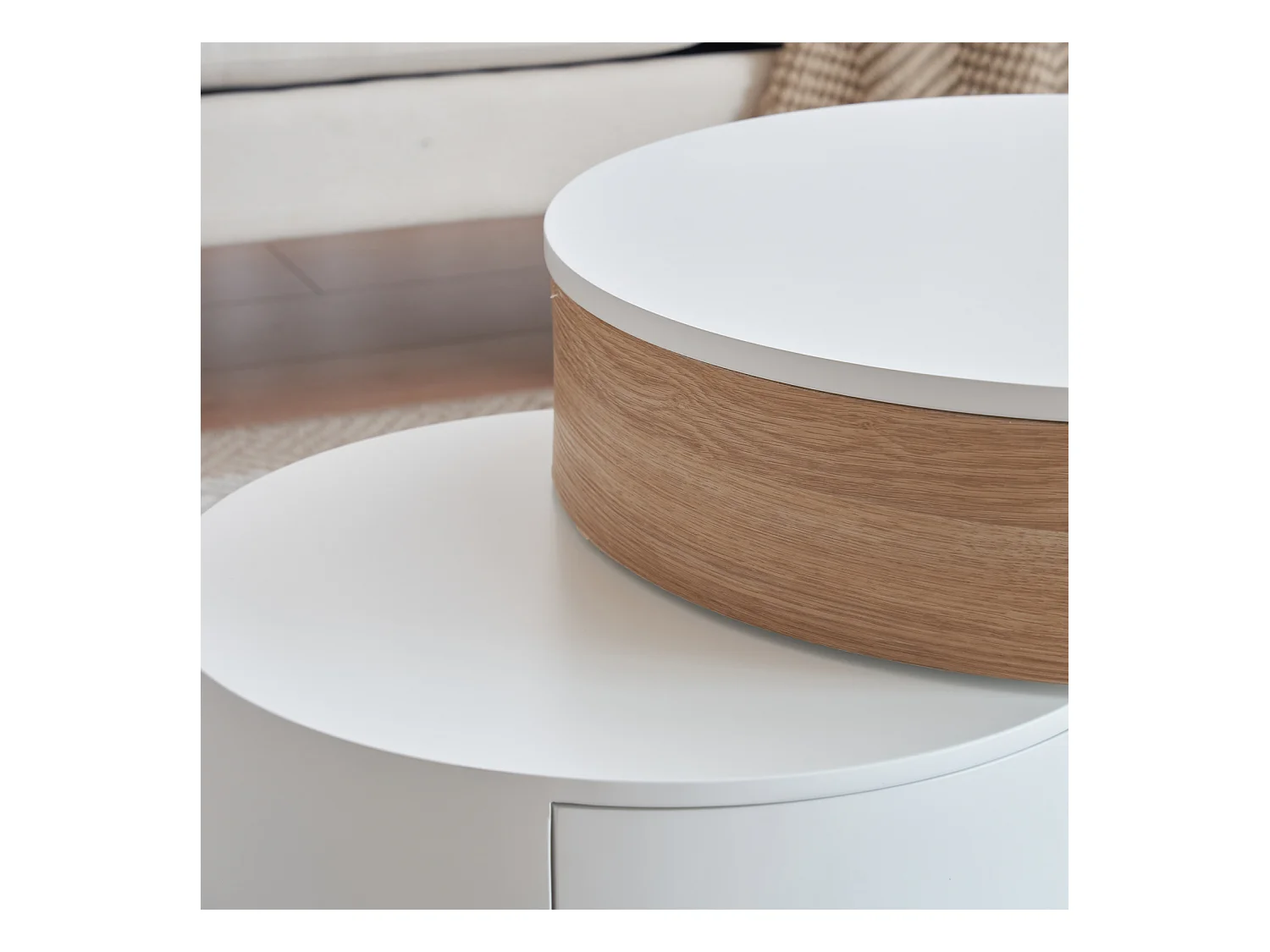 Conjunto de 2 mesas de centro encaixáveis, mesa grande com tampo elevável, mesa pequena com 2 gavetas, MDF, branco