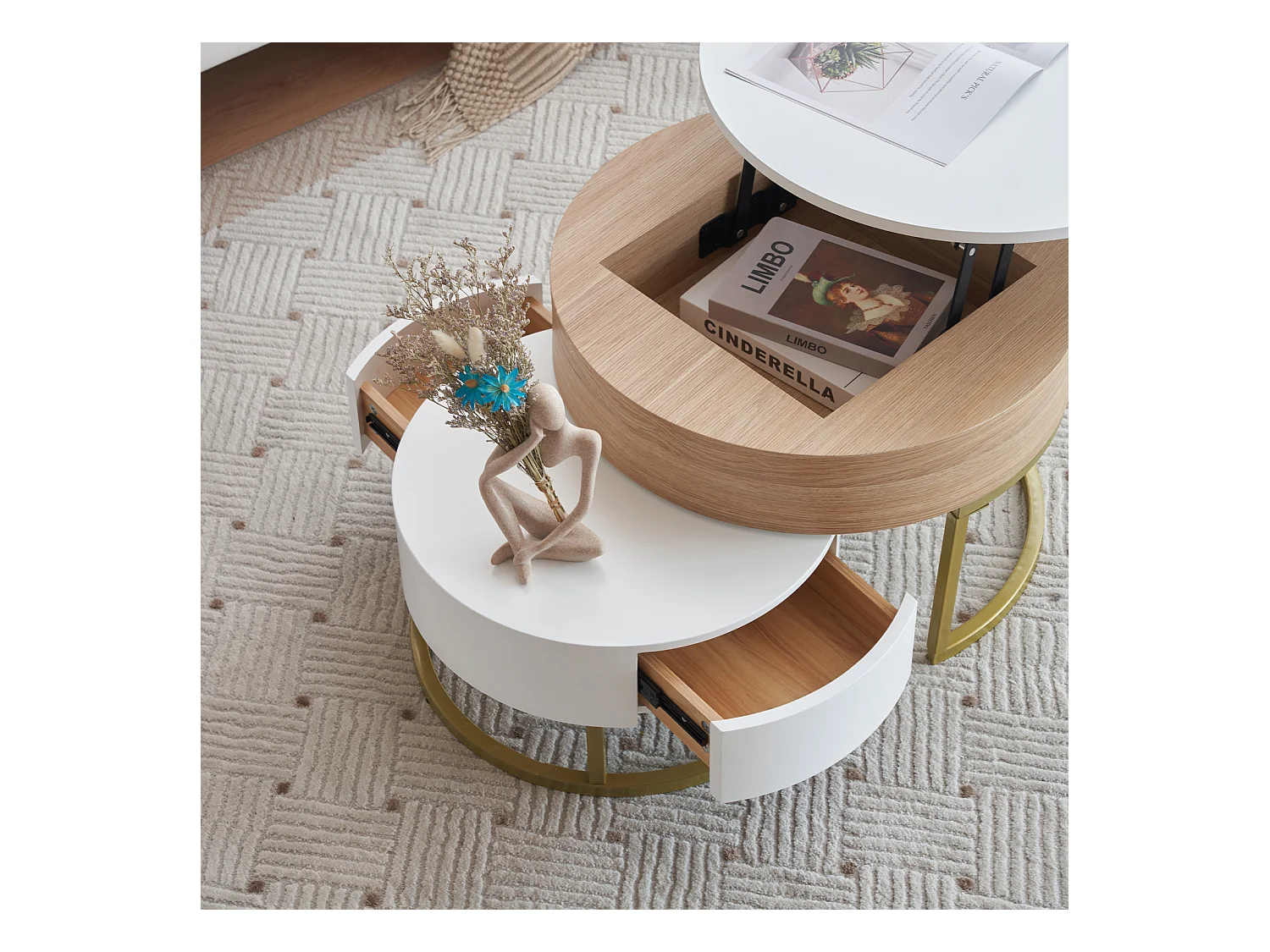 Conjunto de 2 mesas de centro encaixáveis, mesa grande com tampo elevável, mesa pequena com 2 gavetas, MDF, branco