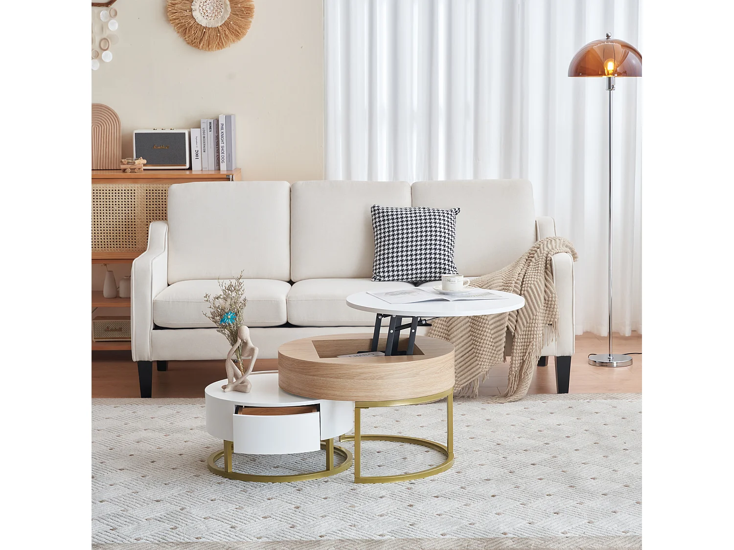 Juego de 2 mesas de centro nido, mesa grande con tablero elevable, mesa pequeña con 2 cajones, MDF, blanco