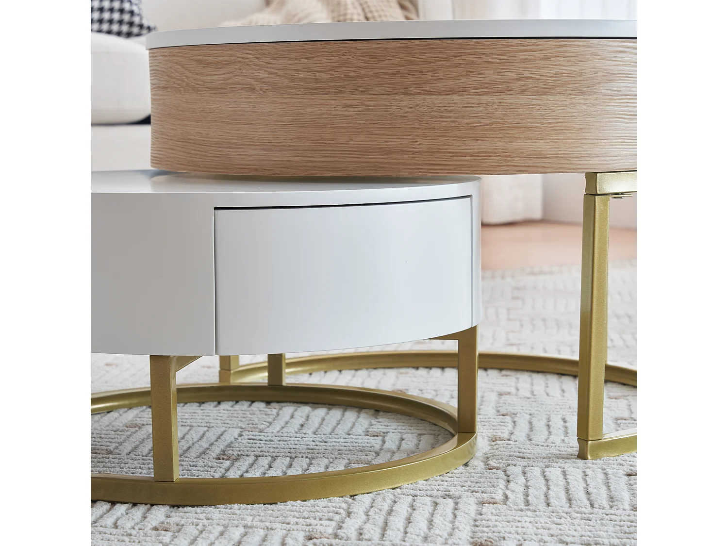 Juego de 2 mesas de centro nido, mesa grande con tablero elevable, mesa pequeña con 2 cajones, MDF, blanco