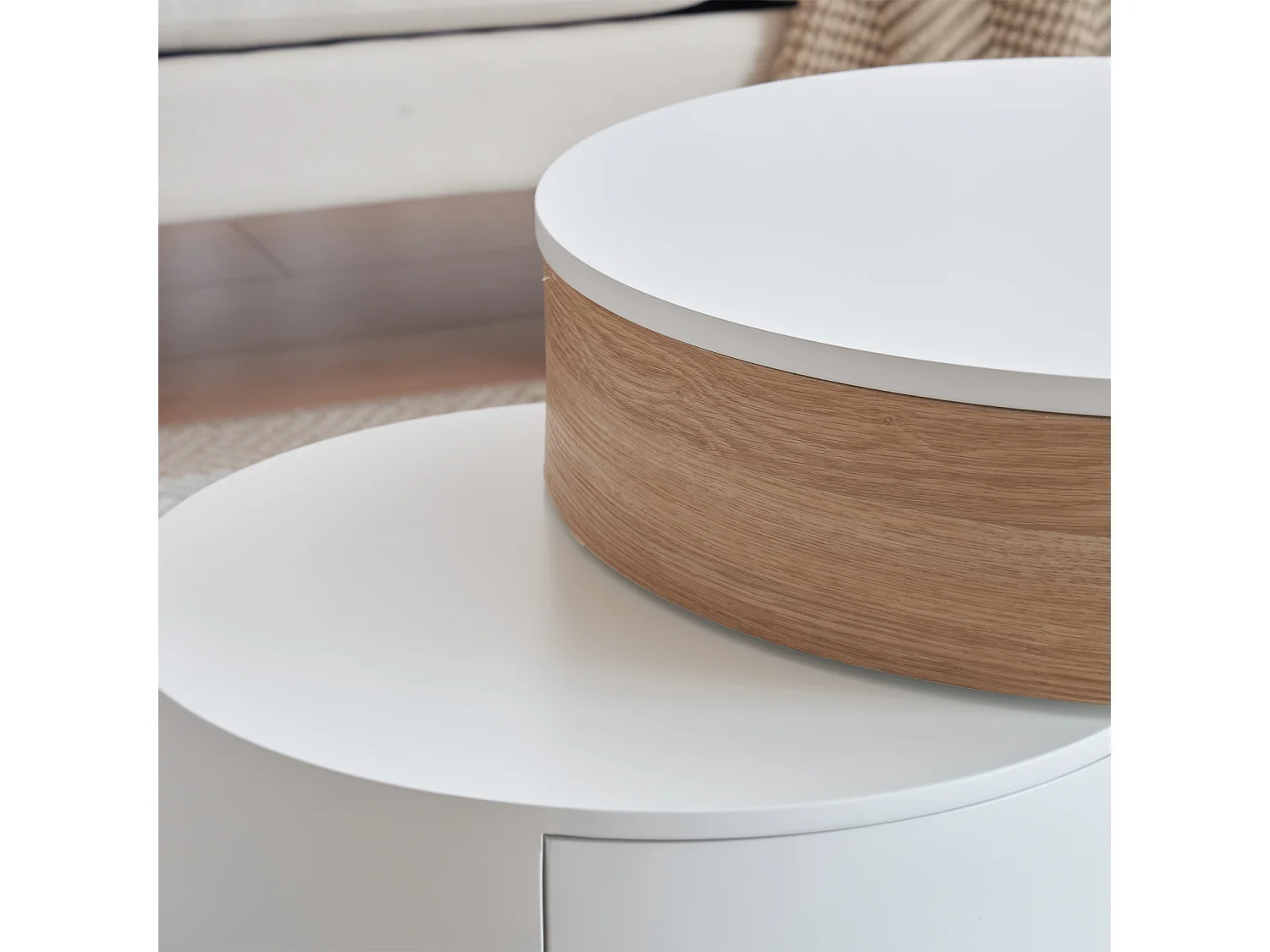 Juego de 2 mesas de centro nido, mesa grande con tablero elevable, mesa pequeña con 2 cajones, MDF, blanco