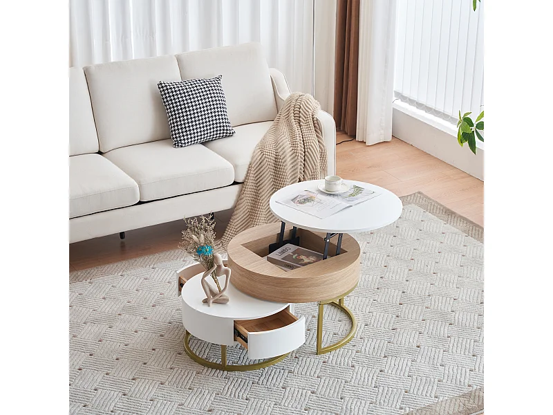 Juego de 2 mesas de centro nido, mesa grande con tablero elevable, mesa pequeña con 2 cajones, MDF, blanco