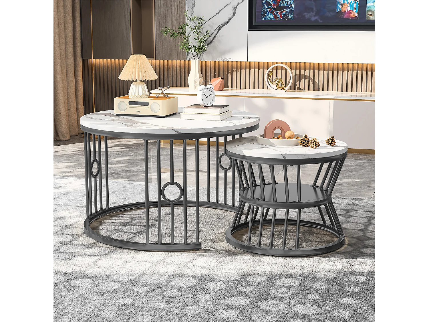 Ensemble polyvalent de 2 tables basses rondes, plateau en verre ondulé