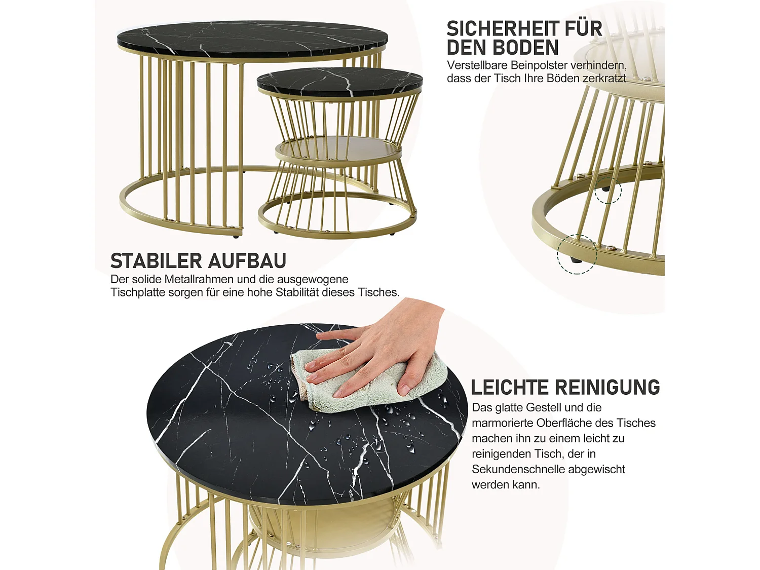 Lot de 2 Tables Basses Rondes, Modernes, avec marbré Brillant, pour salon, Salle de réception, Balcon et Bureau, Structure en métal, Forme Unique