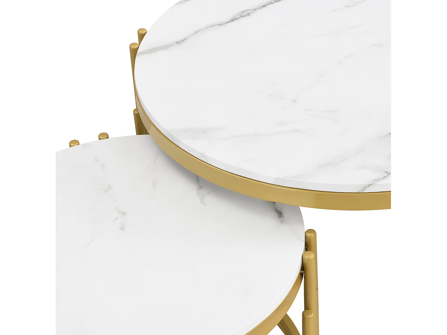 Set van 2 in elkaar passende salontafels, ronde tafel, marmerlook, gouden metalen structuur, D71,5x44+P51,5x37cm Wit
