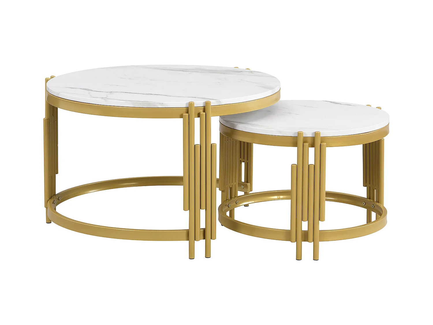 Set van 2 in elkaar passende salontafels, ronde tafel, marmerlook, gouden metalen structuur, D71,5x44+P51,5x37cm Wit