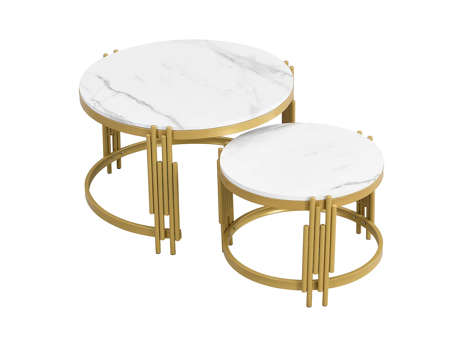Juego de 2 mesas de centro nido, redondas, efecto mármol, estructura de metal dorado, D71,5x44+P51,5x37cm Blanco