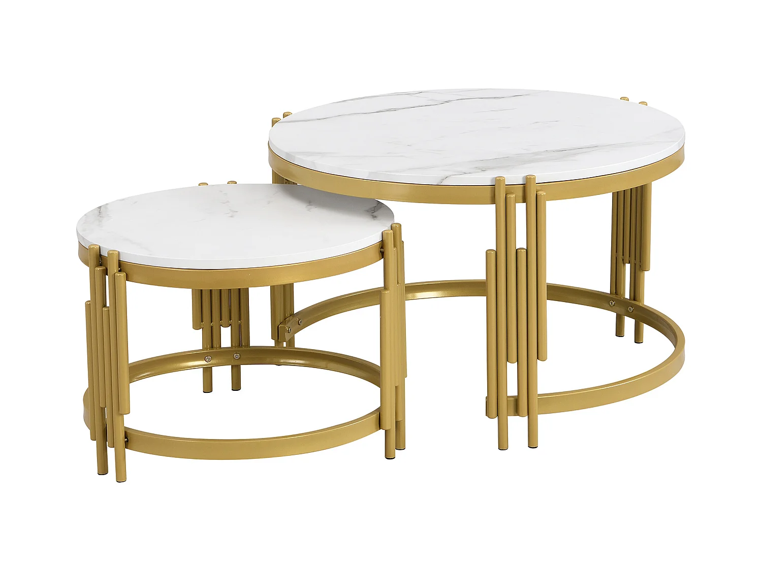 Juego de 2 mesas de centro nido, redondas, efecto mármol, estructura de metal dorado, D71,5x44+P51,5x37cm Blanco