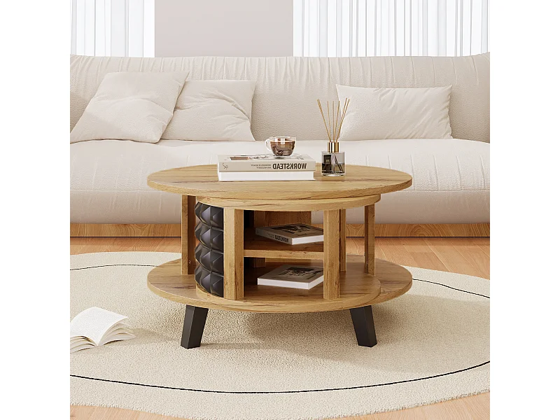 Ronde salontafel - draaibare tafel met verborgen interne plank, zwarte poten - 85,2 x 80 x 45,2 cm - natuurlijk