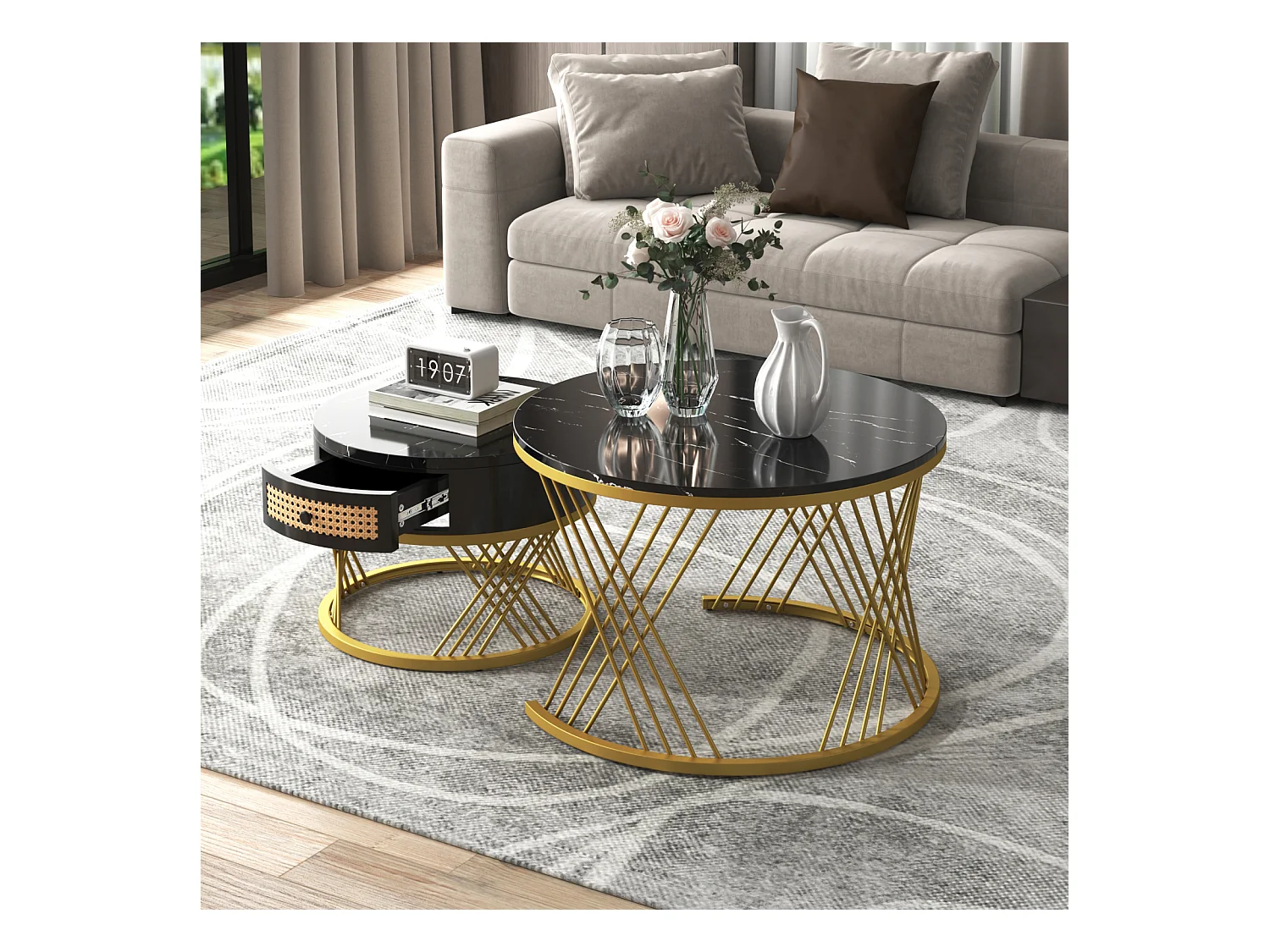 Lot de 2 table basse gigogne ronde, table d'appoint avec plateau en marbre et tiroirs en rotin, pieds en fer dorés - 70x70x45, 5+50x50x38, 5cm noir