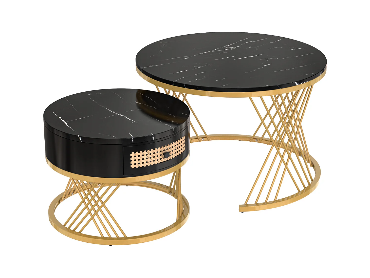 Conjunto de 2 mesas de centro redondas encaixáveis, mesa lateral com tampo de mármore e gavetas de vime, pernas de ferro dourado - 70x70x45,5 + 50x50x38,5 cm, preto