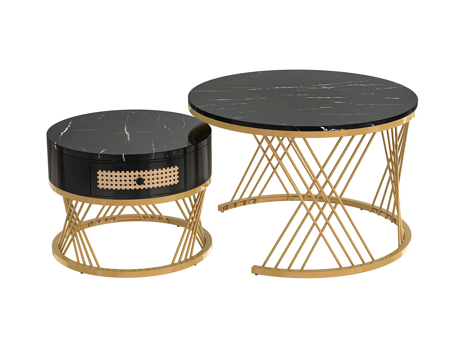 Conjunto de 2 mesas de centro redondas encaixáveis, mesa lateral com tampo de mármore e gavetas de vime, pernas de ferro dourado - 70x70x45,5 + 50x50x38,5 cm, preto