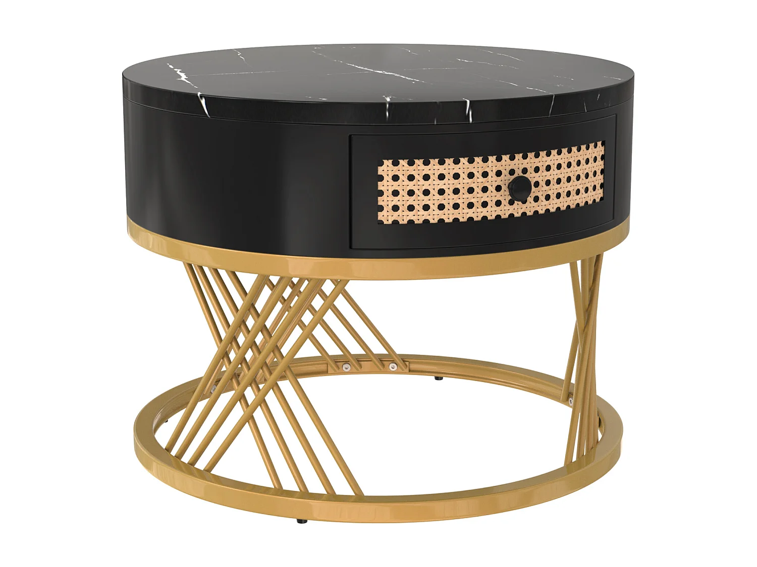 Conjunto de 2 mesas de centro redondas encaixáveis, mesa lateral com tampo de mármore e gavetas de vime, pernas de ferro dourado - 70x70x45,5 + 50x50x38,5 cm, preto