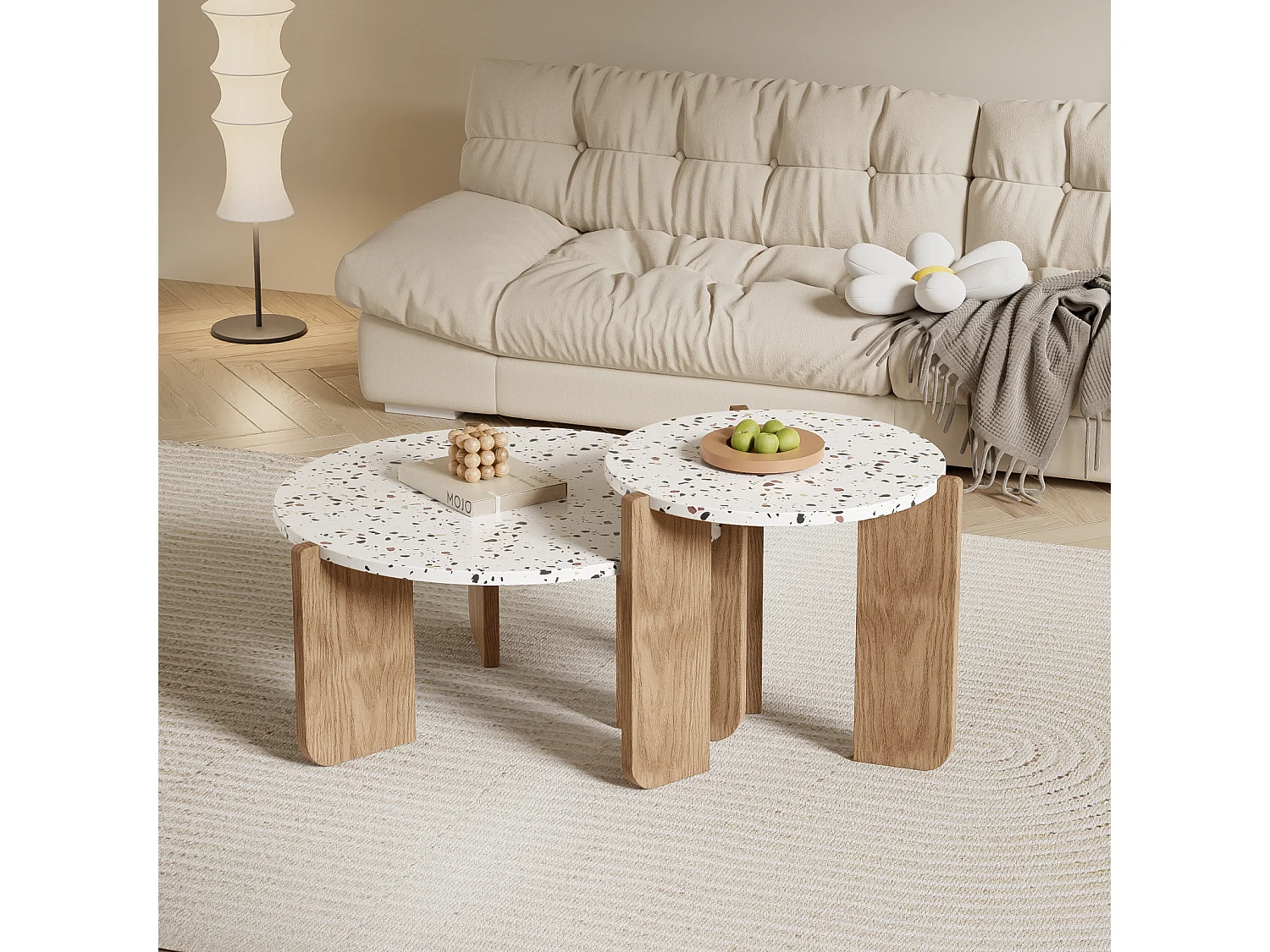 Conjunto de 2 mesas de centro encaixáveis, modulares modernas, para sala de estar, sofá, 70x70x35+50x50x45,5 (cm), Natural