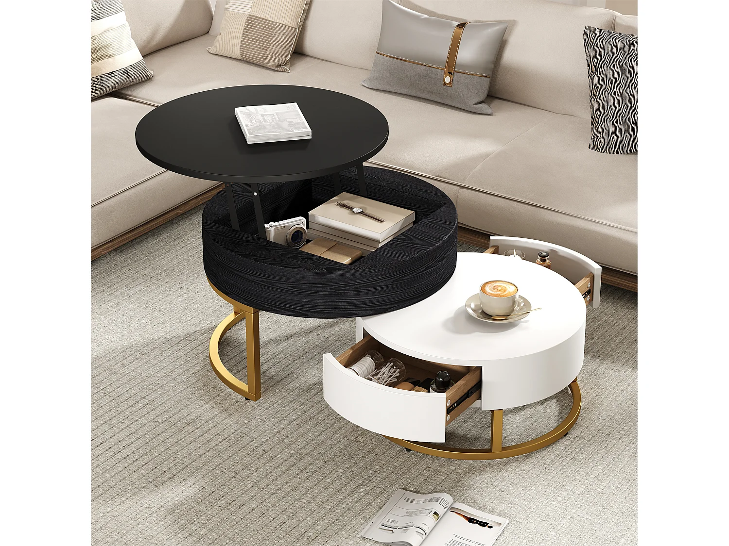 Lot de 2 table basse gigogne, grand table avec plateau relevable, petie table avec 2 tiroirs, MDF, noir