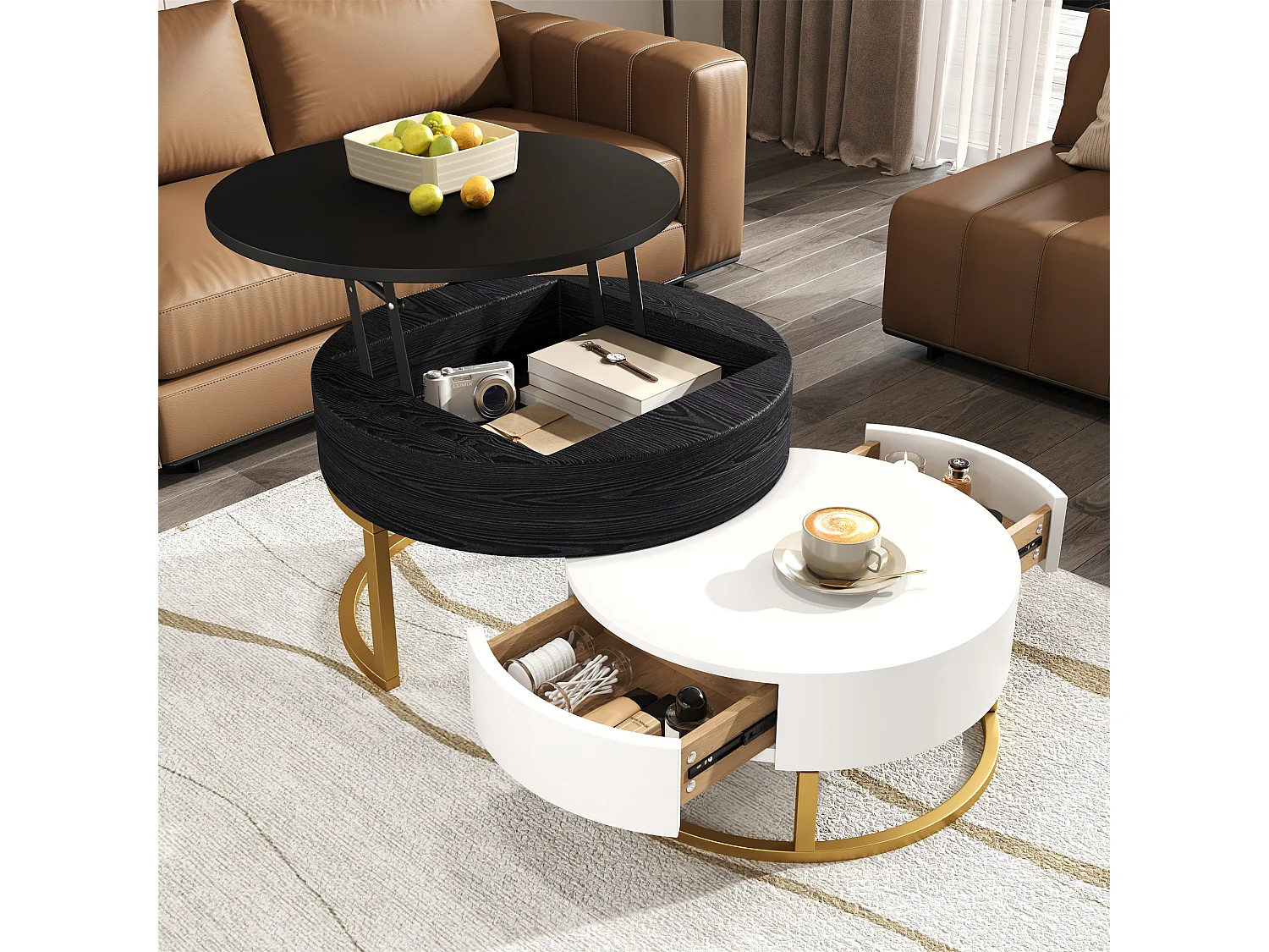 Lot de 2 table basse gigogne, grand table avec plateau relevable, petie table avec 2 tiroirs, MDF, noir