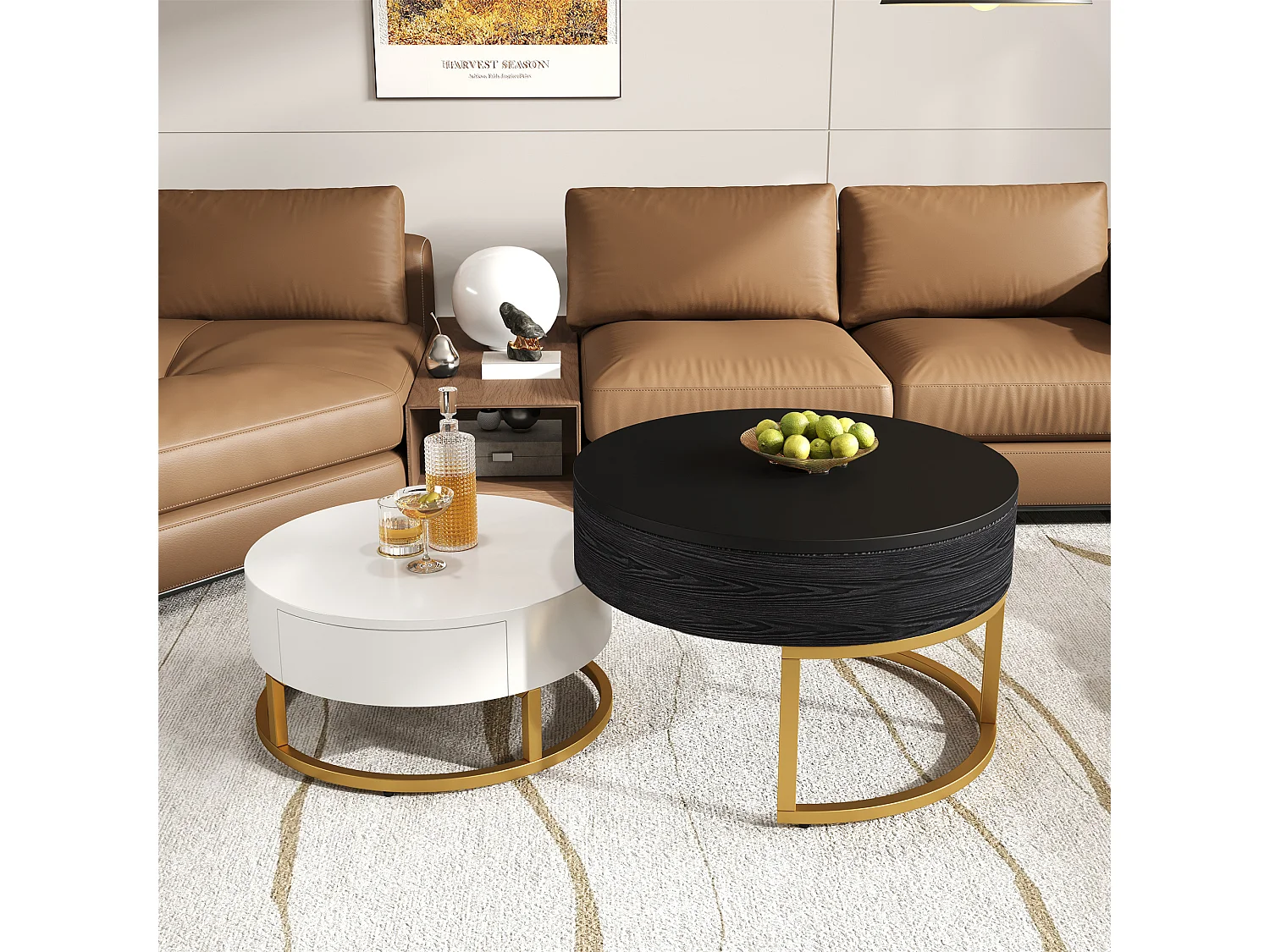 Lot de 2 table basse gigogne, grand table avec plateau relevable, petie table avec 2 tiroirs, MDF, noir