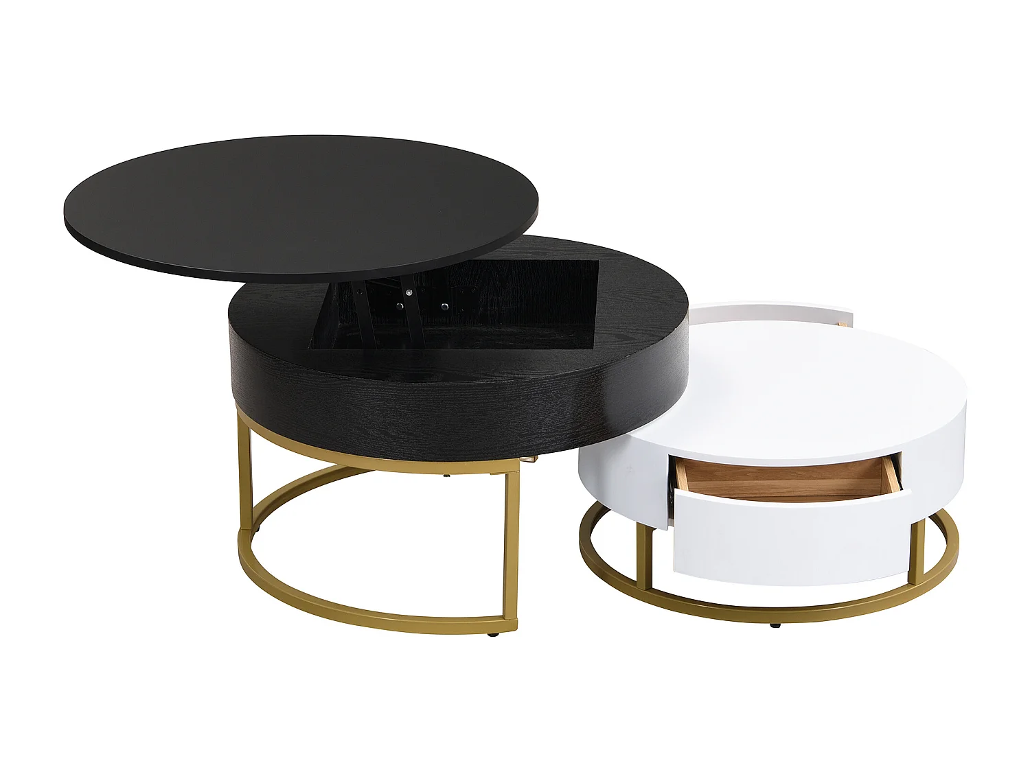 Lot de 2 table basse gigogne, grand table avec plateau relevable, petie table avec 2 tiroirs, MDF, noir