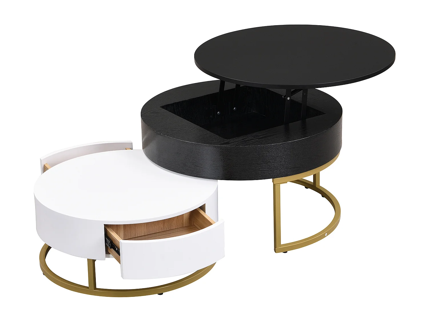 Lot de 2 table basse gigogne, grand table avec plateau relevable, petie table avec 2 tiroirs, MDF, noir