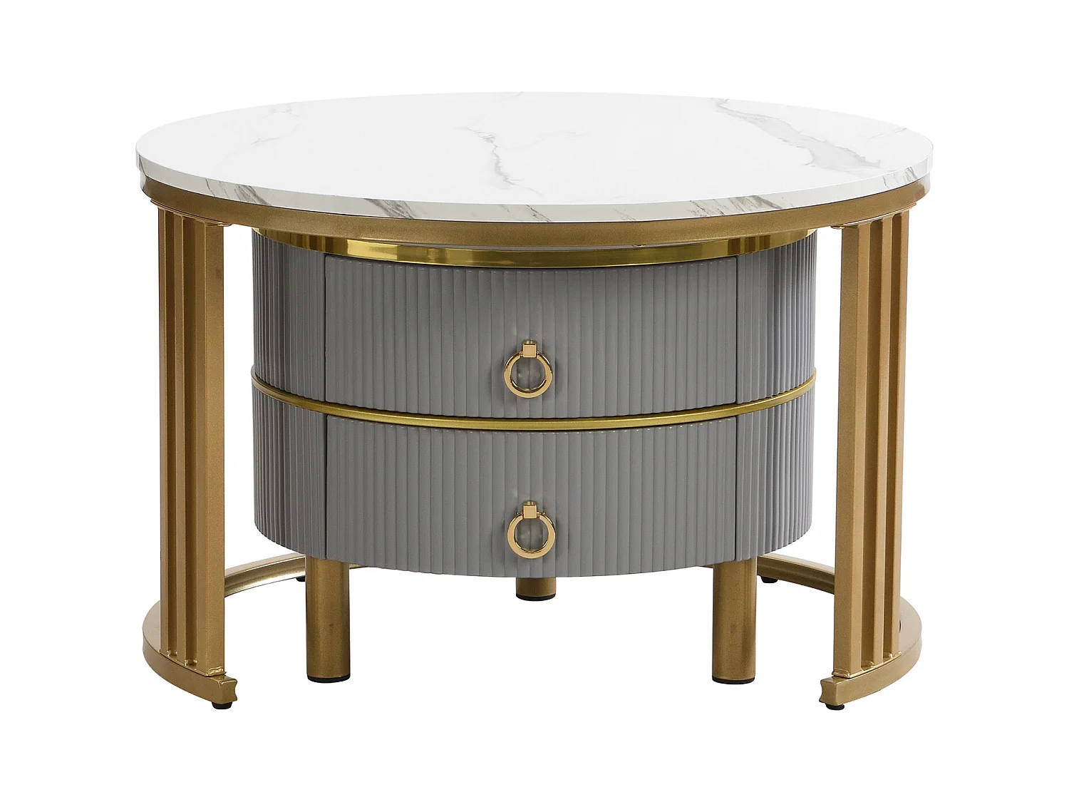 Lot de 2 Table basse gigogne ronde, 70x50 cm - avec plateau en marbre blanc, 2 tiroirs, design moderne - gris