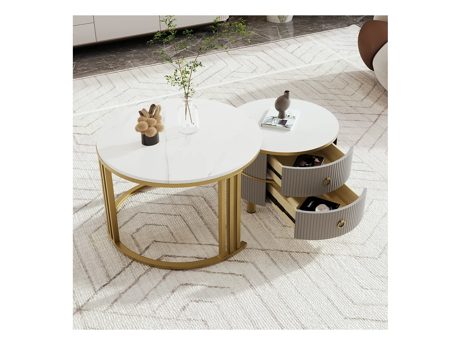 Lot de 2 Table basse gigogne ronde, 70x50 cm - avec plateau en marbre blanc, 2 tiroirs, design moderne - gris