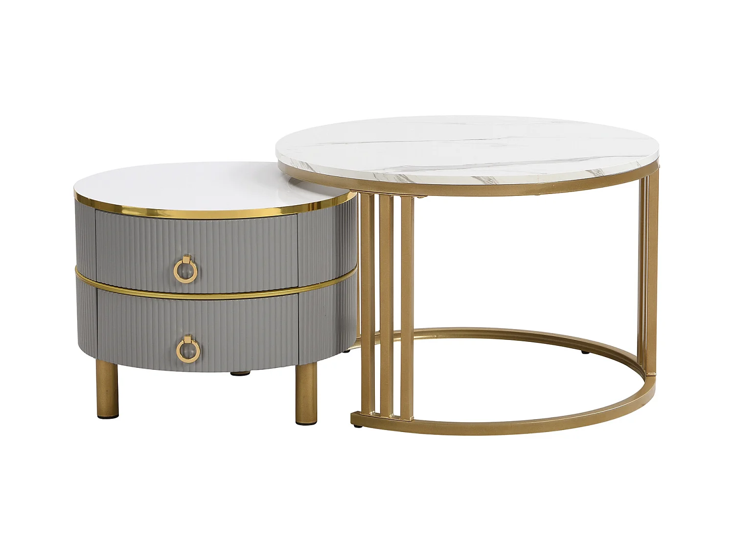 Lot de 2 Table basse gigogne ronde, 70x50 cm - avec plateau en marbre blanc, 2 tiroirs, design moderne - gris