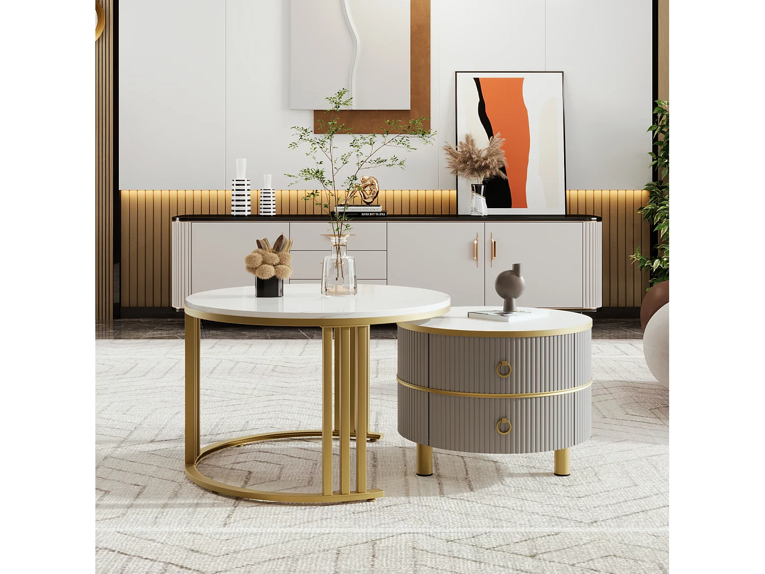 Lot de 2 Table basse gigogne ronde, 70x50 cm - avec plateau en marbre blanc, 2 tiroirs, design moderne - gris