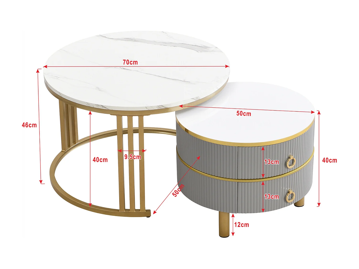 Lot de 2 Table basse gigogne ronde, 70x50 cm - avec plateau en marbre blanc, 2 tiroirs, design moderne - gris