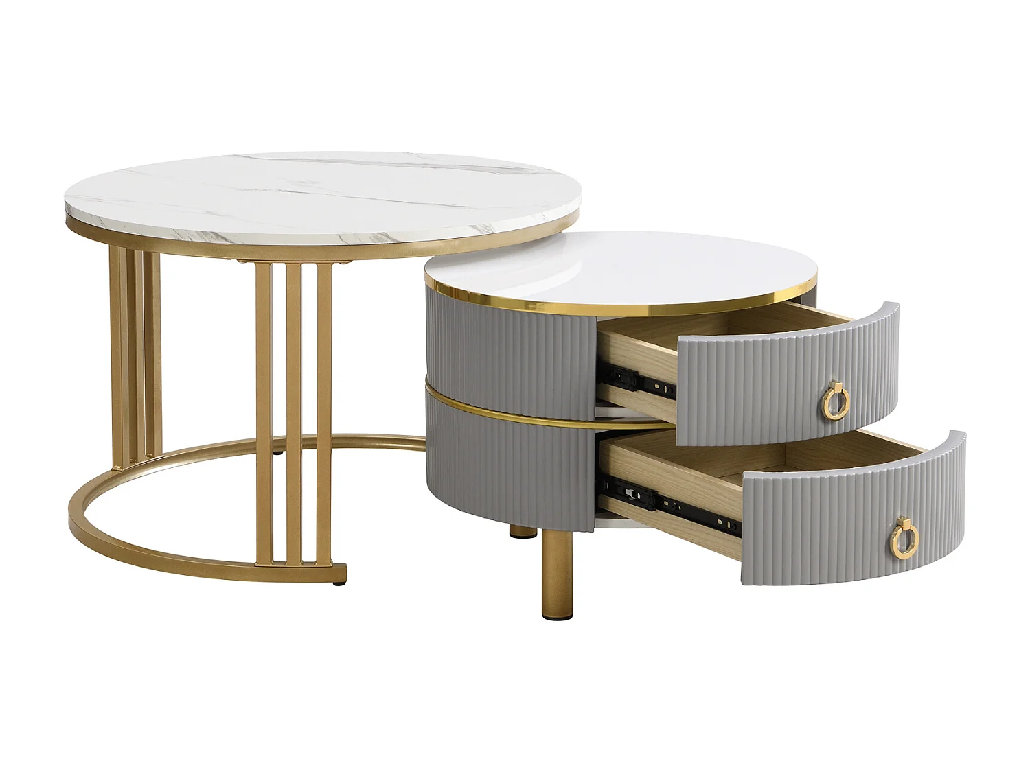 Lot de 2 Table basse gigogne ronde, 70x50 cm - avec plateau en marbre blanc, 2 tiroirs, design moderne - gris