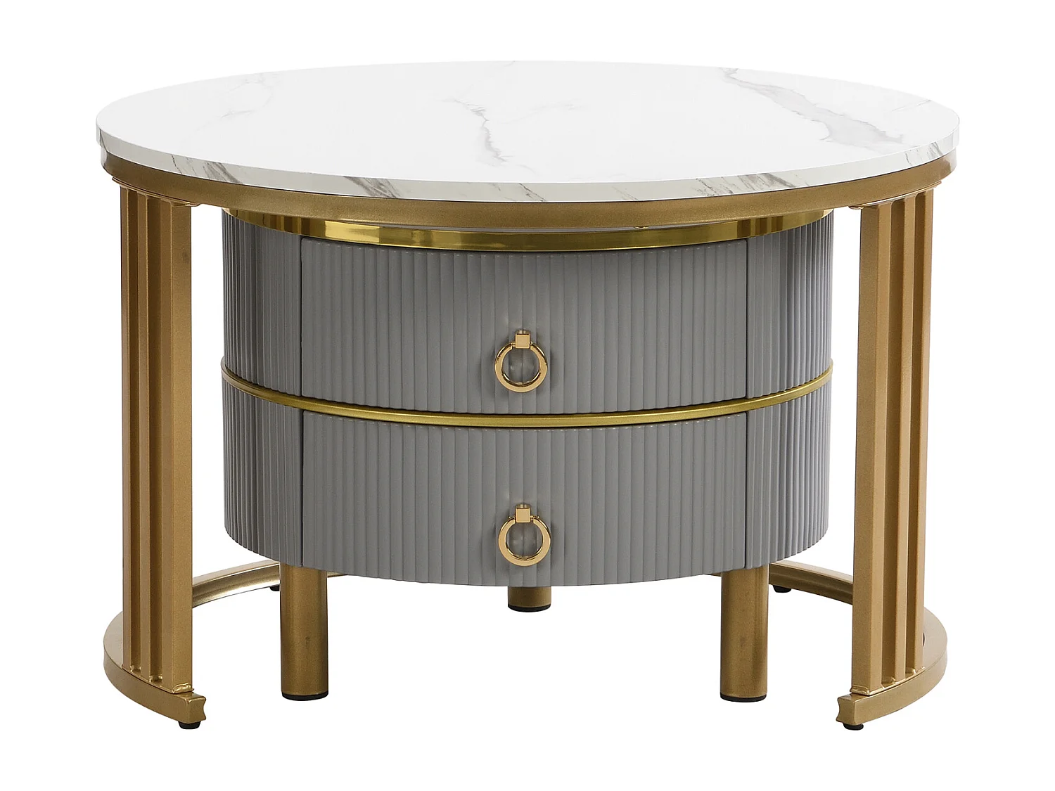 Lot de 2 Table basse gigogne ronde, 70x50 cm - avec plateau en marbre blanc, 2 tiroirs, design moderne - gris