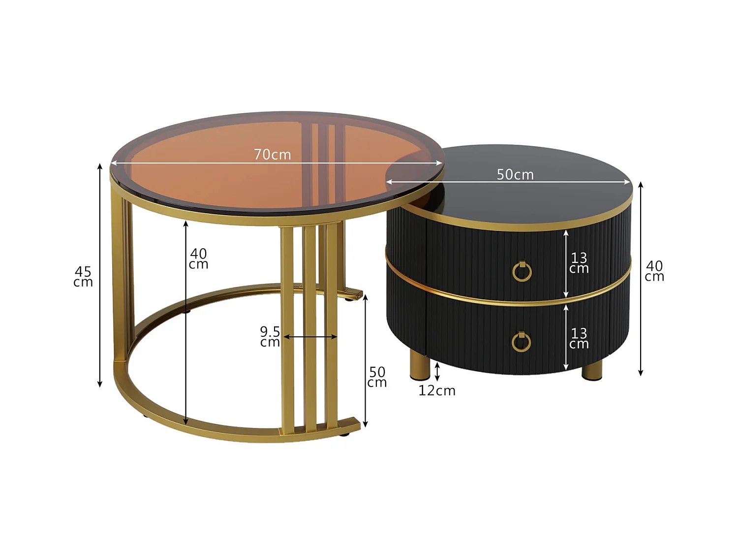 Juego de 2 mesas de centro nido con 2 cajones - chapa de vidrio templado Marrón - Negro