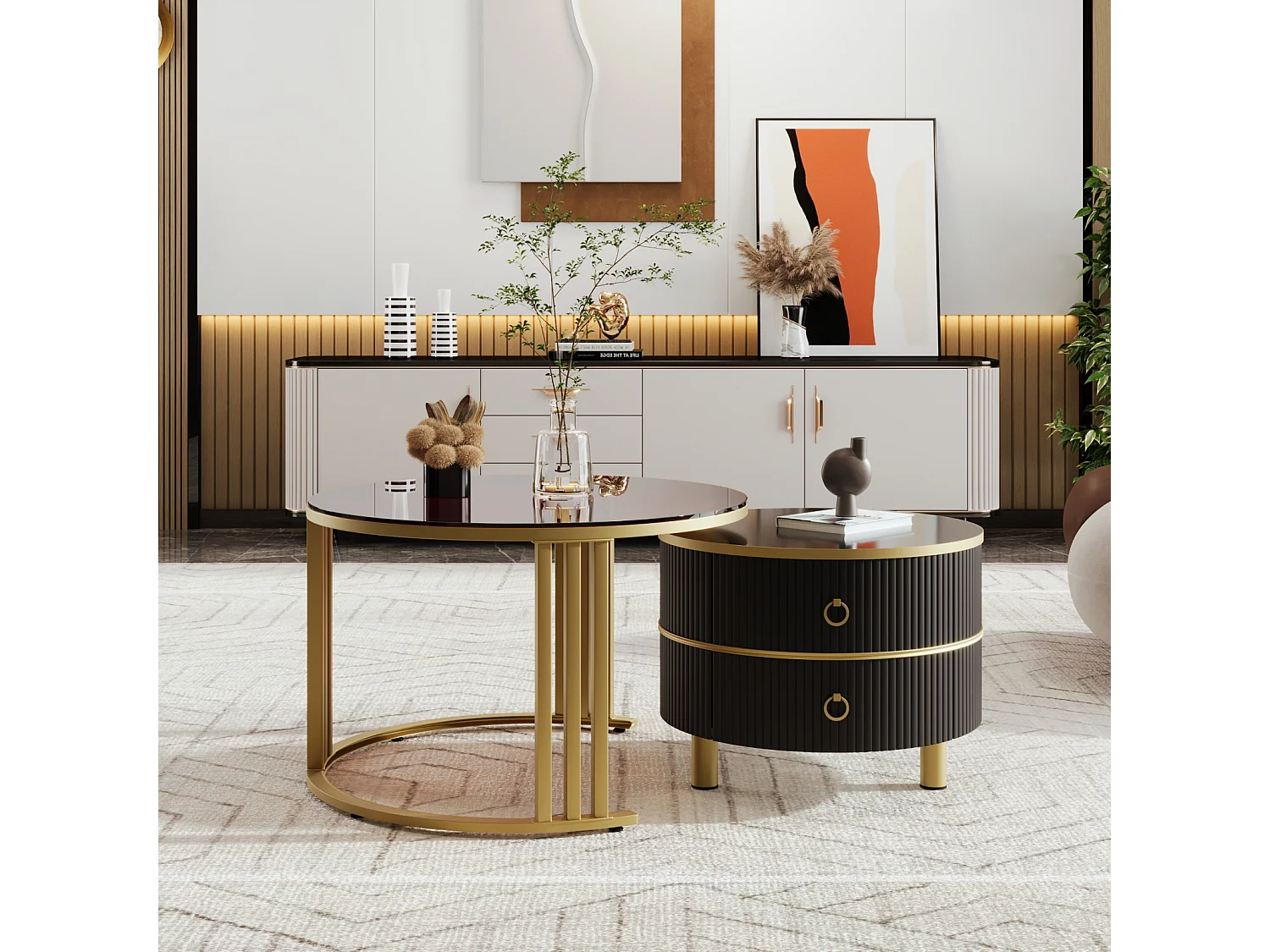 Lot de 2 tables basses gigognes avec 2 tiroirs - placage en verre trempé Marron - Noir