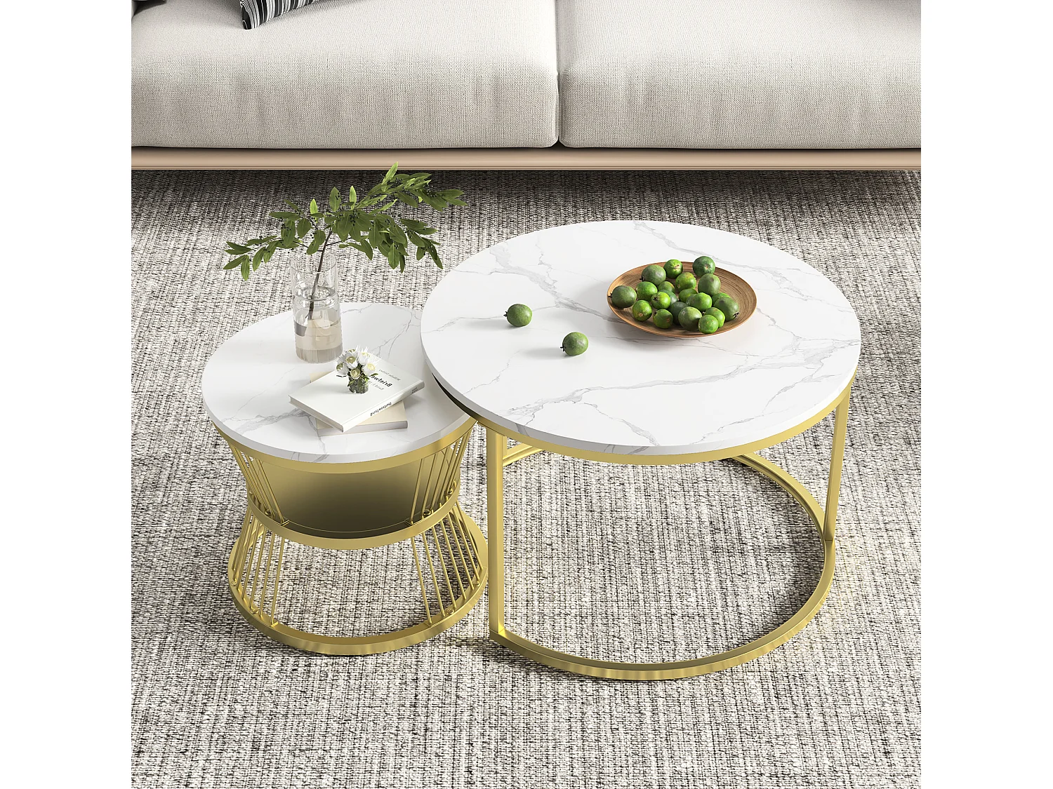 Moderne ronde salontafel - metalen frame, grote tafel: 70 x 45 cm, kleine tafel: 45 x 40 cm - goud