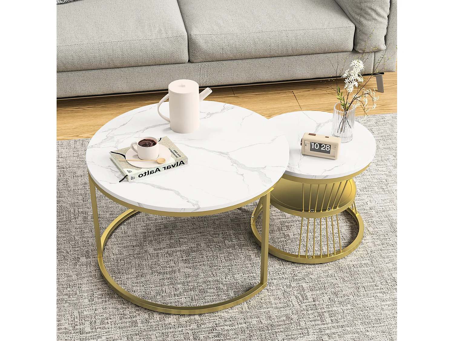 Moderne ronde salontafel - metalen frame, grote tafel: 70 x 45 cm, kleine tafel: 45 x 40 cm - goud