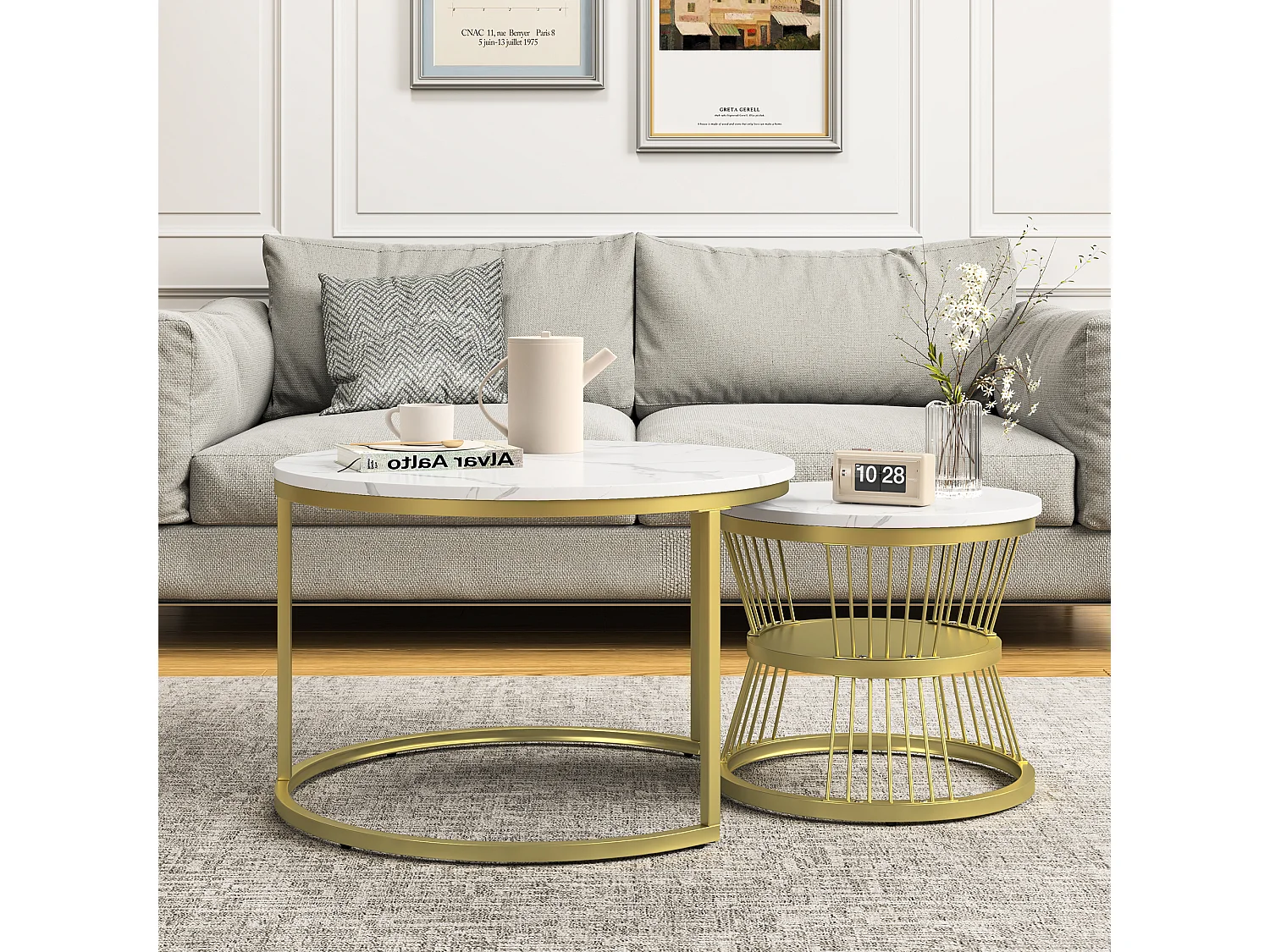 Moderne ronde salontafel - metalen frame, grote tafel: 70 x 45 cm, kleine tafel: 45 x 40 cm - goud