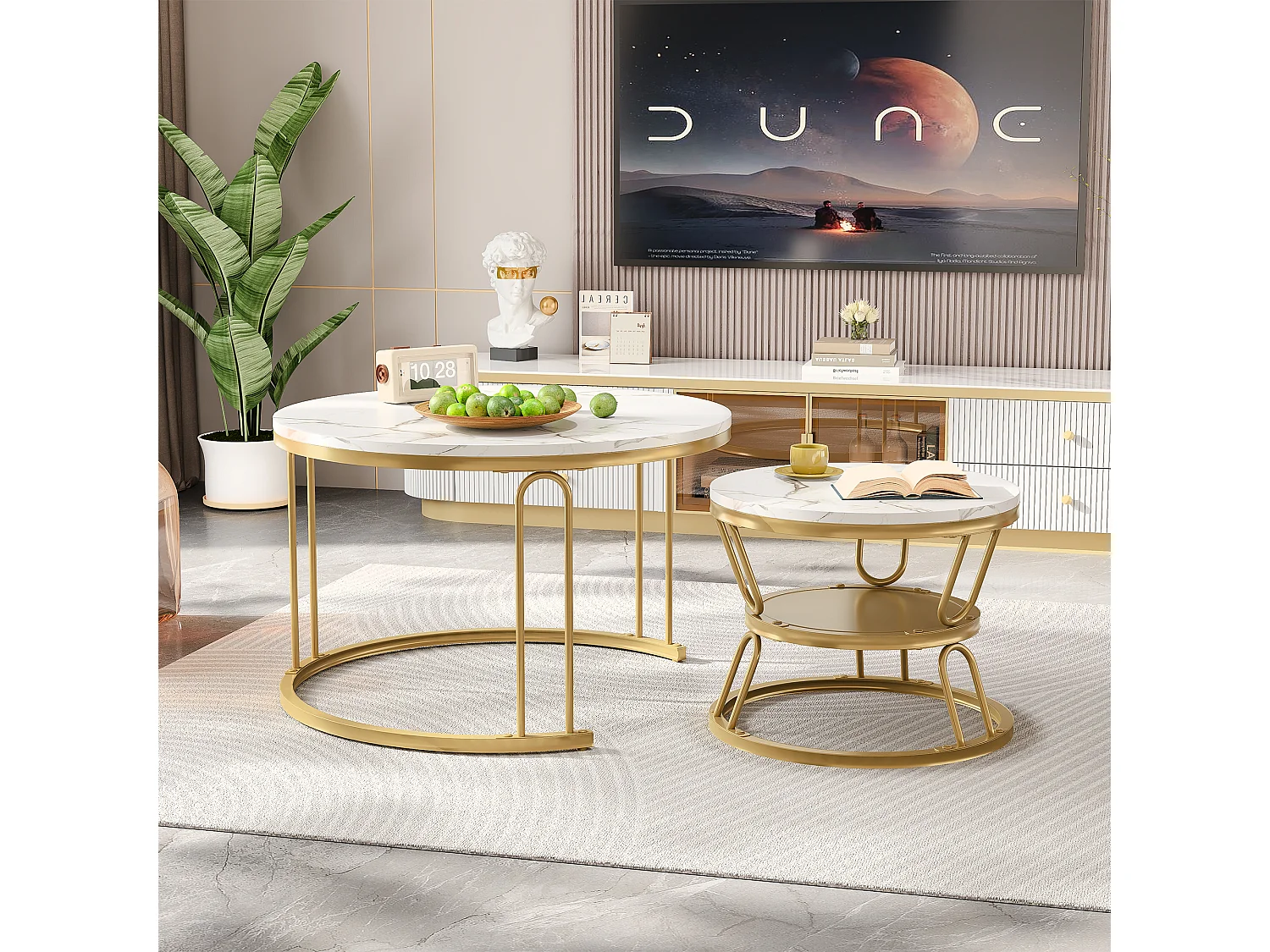 Conjunto de 2 mesas de centro encaixáveis, mesa redonda, tampo em mármore, perna em ferro em forma de U, D70x45+P45x40cm dourado