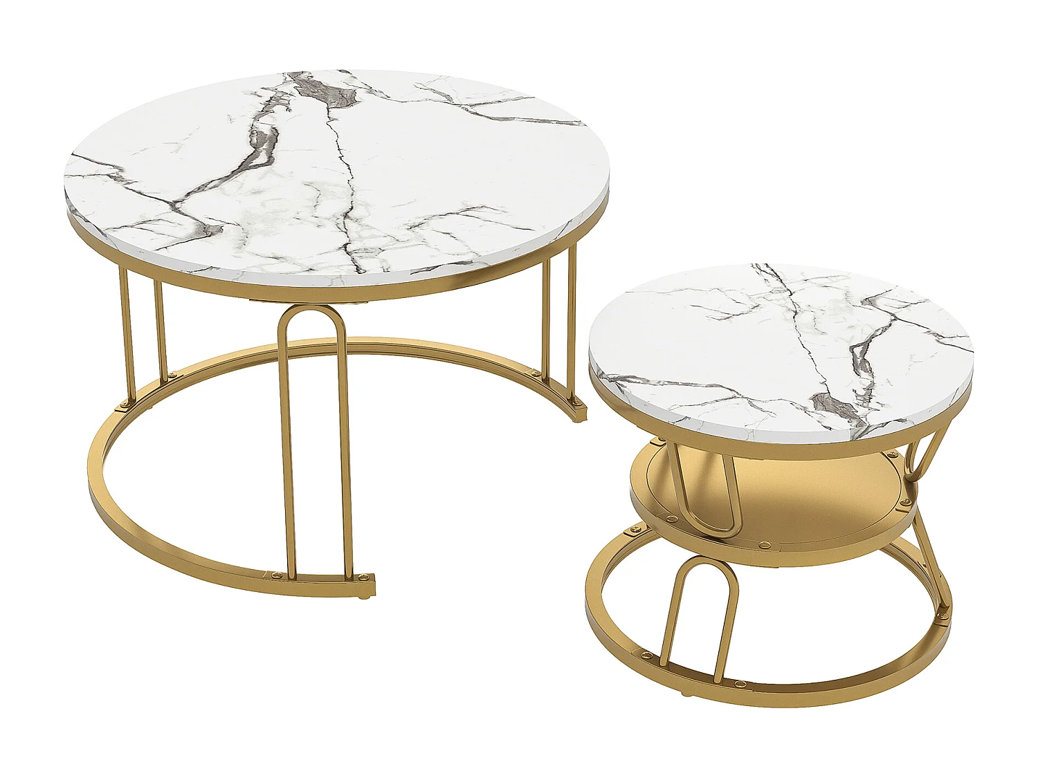 Conjunto de 2 mesas de centro encaixáveis, mesa redonda, tampo em mármore, perna em ferro em forma de U, D70x45+P45x40cm dourado