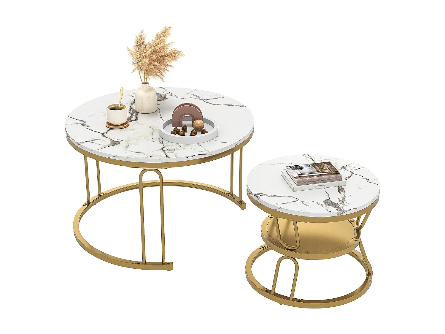 Conjunto de 2 mesas de centro encaixáveis, mesa redonda, tampo em mármore, perna em ferro em forma de U, D70x45+P45x40cm dourado