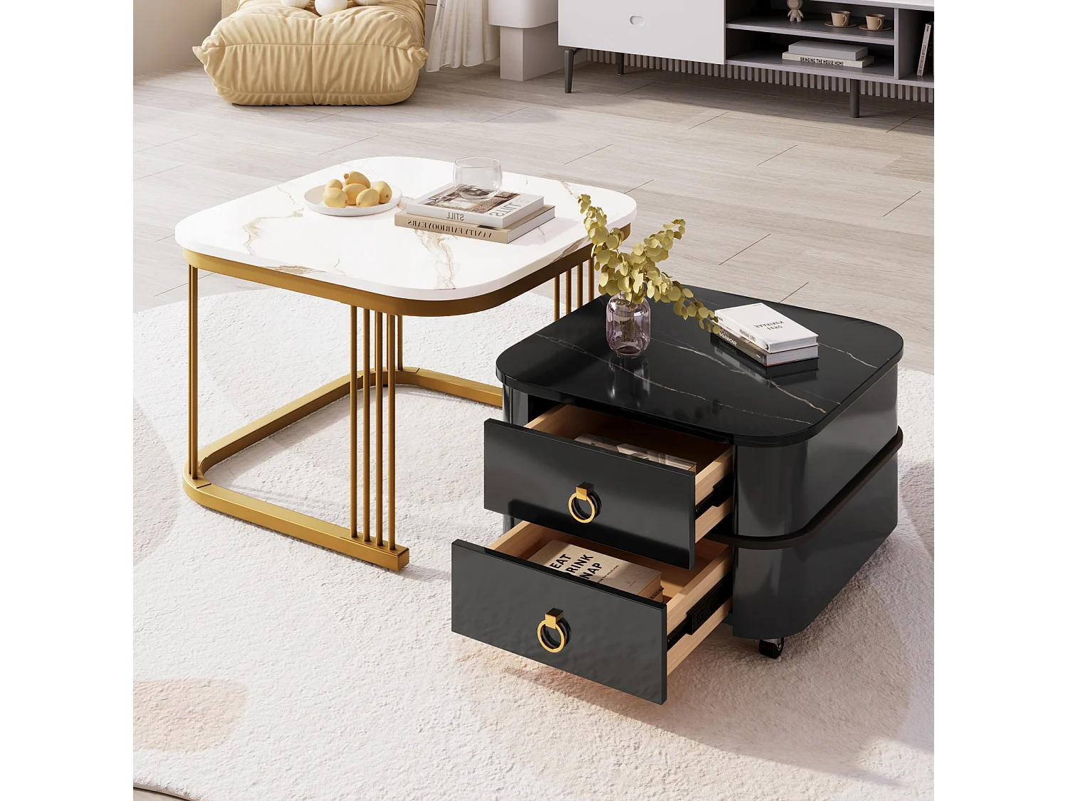 Set van 2 in elkaar passende salontafels, glanzende marmerlook, gouden accenten, met 2 lades, 60x60x45cm+50x50x34cm, wit/zwart