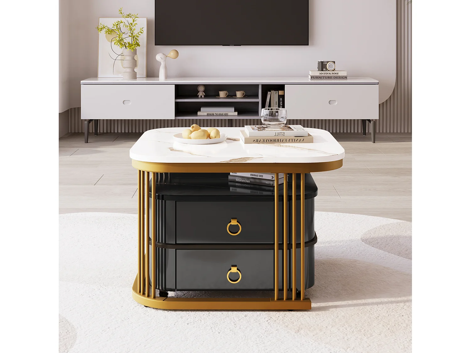 Set van 2 in elkaar passende salontafels, glanzende marmerlook, gouden accenten, met 2 lades, 60x60x45cm+50x50x34cm, wit/zwart