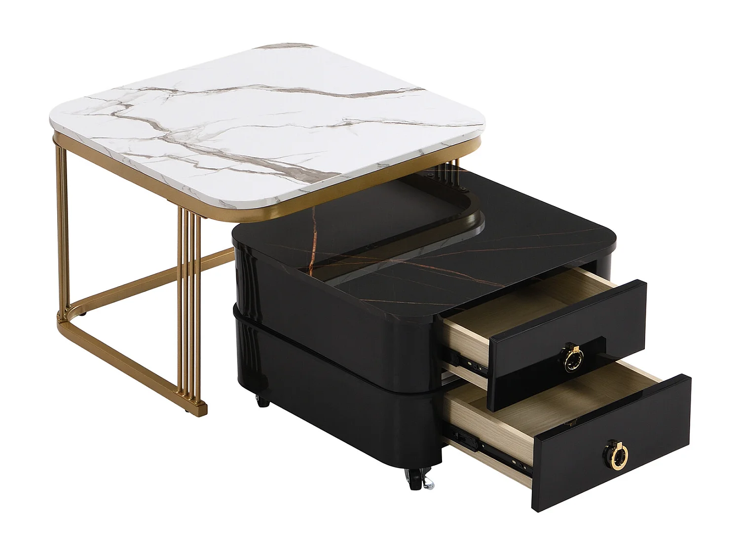 Set van 2 in elkaar passende salontafels, glanzende marmerlook, gouden accenten, met 2 lades, 60x60x45cm+50x50x34cm, wit/zwart