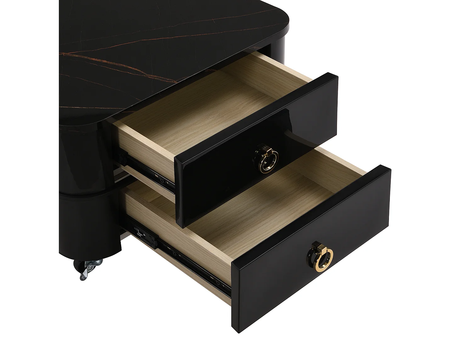 Set van 2 in elkaar passende salontafels, glanzende marmerlook, gouden accenten, met 2 lades, 60x60x45cm+50x50x34cm, wit/zwart