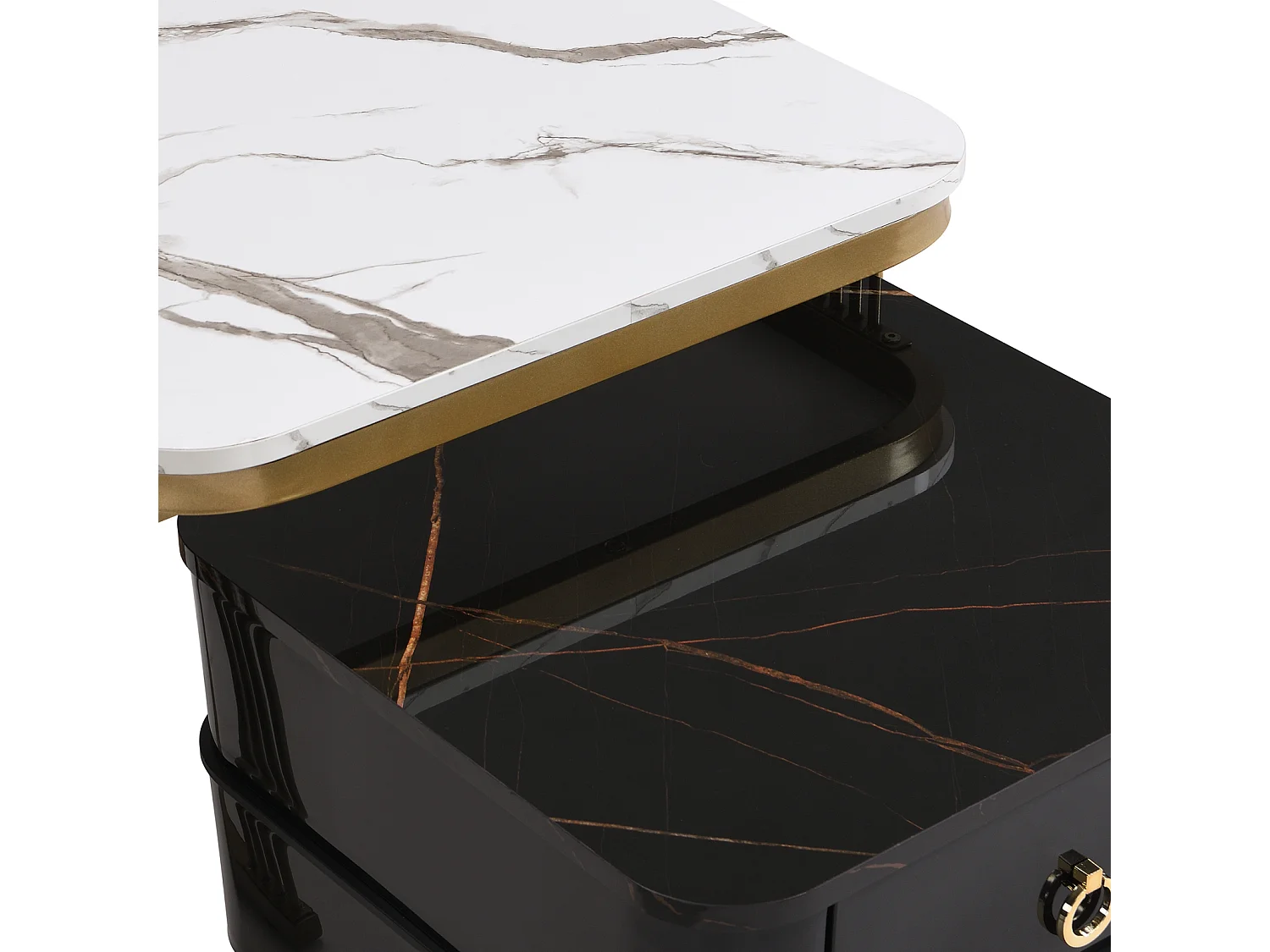 Set van 2 in elkaar passende salontafels, glanzende marmerlook, gouden accenten, met 2 lades, 60x60x45cm+50x50x34cm, wit/zwart