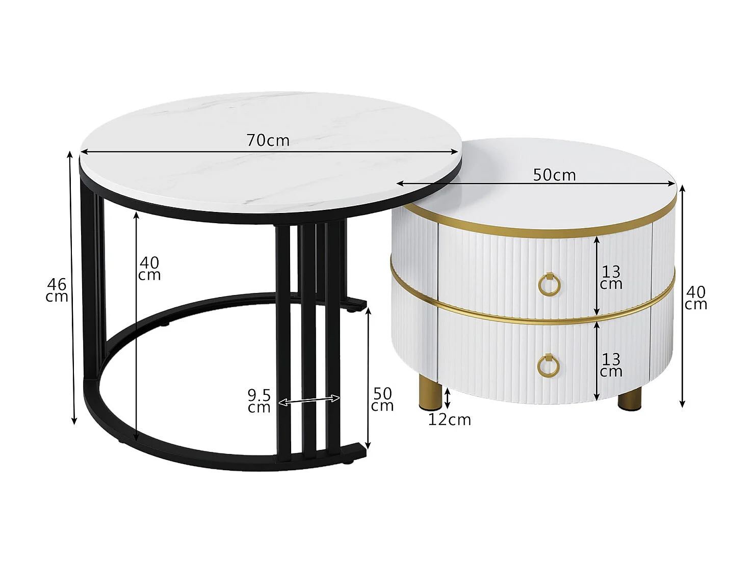 Lot de 2 Table basse gigogne ronde, 70x50 cm - avec plateau en marbre blanc, 2 tiroirs, design moderne - blanc
