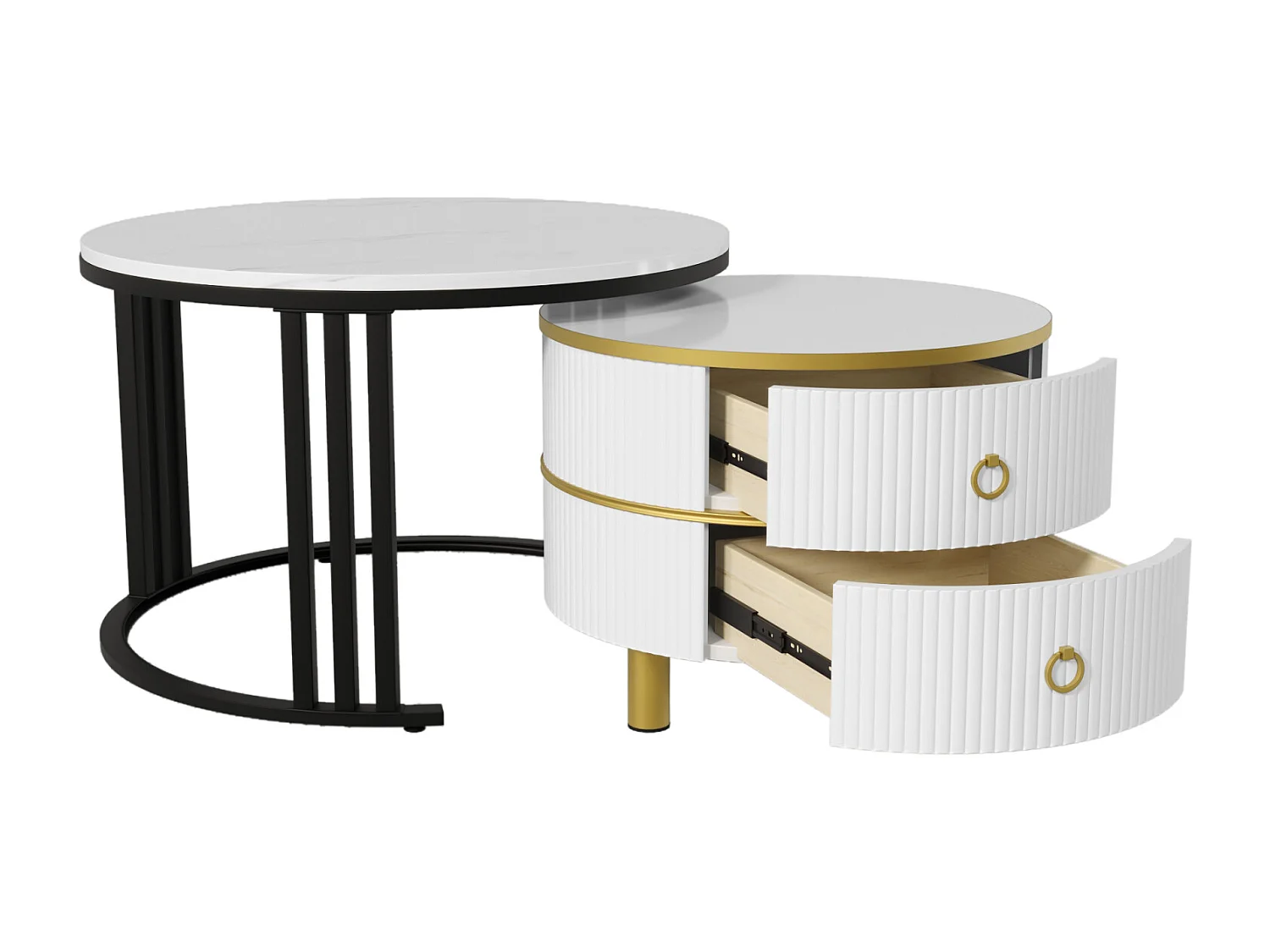 Lot de 2 Table basse gigogne ronde, 70x50 cm - avec plateau en marbre blanc, 2 tiroirs, design moderne - blanc