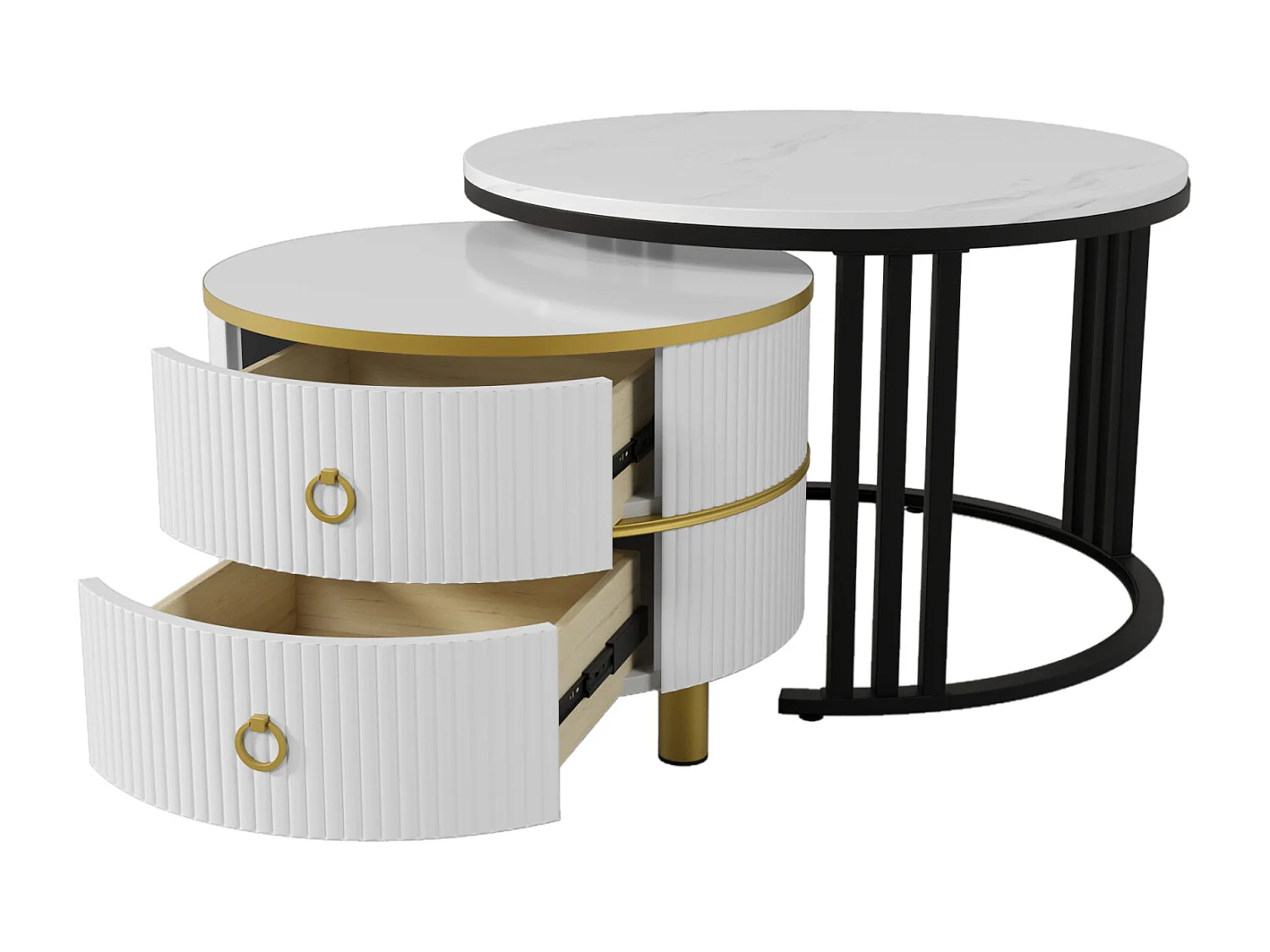 Lot de 2 Table basse gigogne ronde, 70x50 cm - avec plateau en marbre blanc, 2 tiroirs, design moderne - blanc