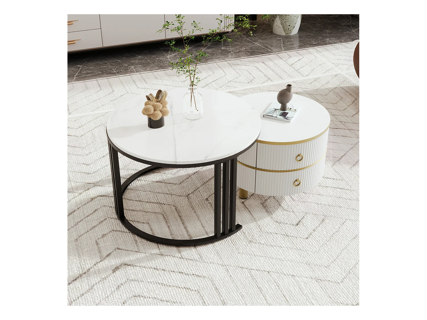 Juego de 2 mesas de centro redondas nido de 70 x 50 cm, con tablero de mármol blanco y 2 cajones, diseño moderno, color blanco