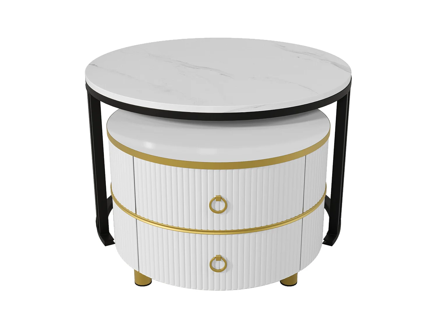 Juego de 2 mesas de centro redondas nido de 70 x 50 cm, con tablero de mármol blanco y 2 cajones, diseño moderno, color blanco