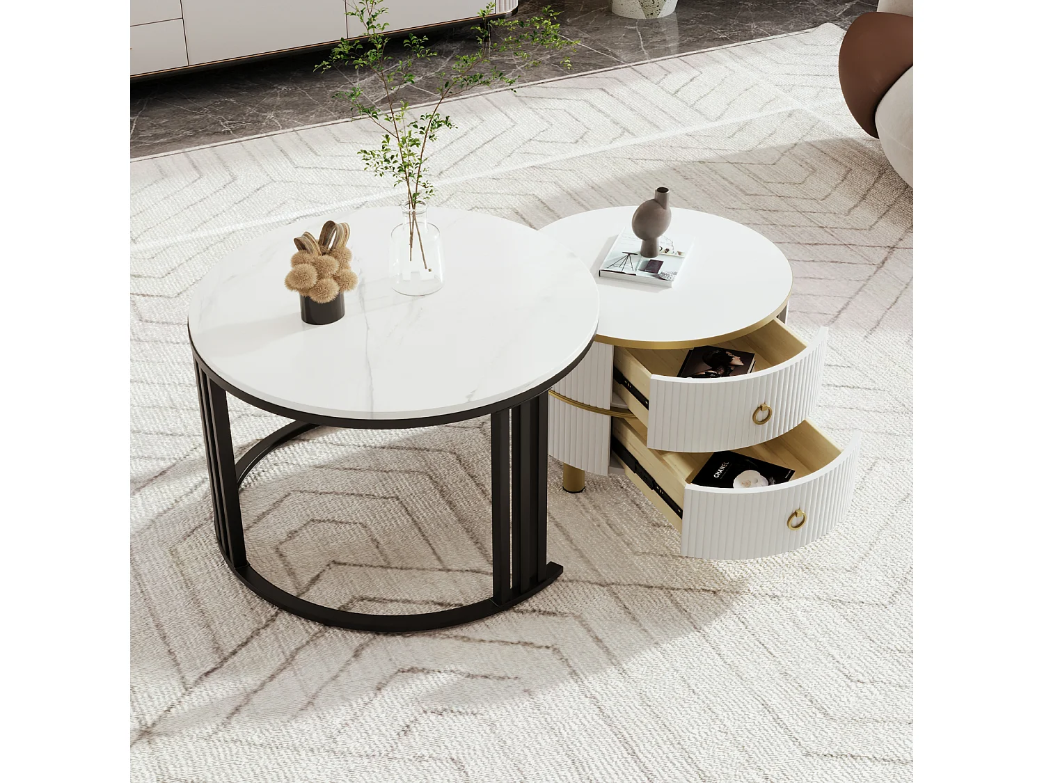 Lot de 2 Table basse gigogne ronde, 70x50 cm - avec plateau en marbre blanc, 2 tiroirs, design moderne - blanc